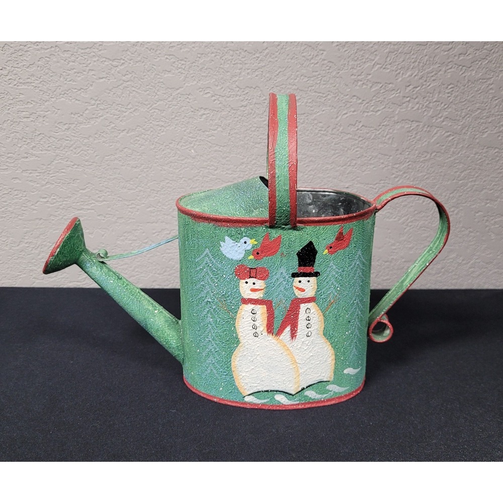 Vtg Kmart Christmas Snowman Metal Watering Can Planter Decorative Holiday Tin